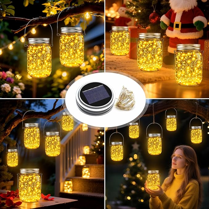 Mason Jar Solar Lights for Outside, 12 Pack 30 LED(NO JARS) Fairy Firefly Lights Mason Jar Solar Lids Outdoor Waterproof String Lights with Hangers for Patio Garden Yard Lawn Decor - Warm White