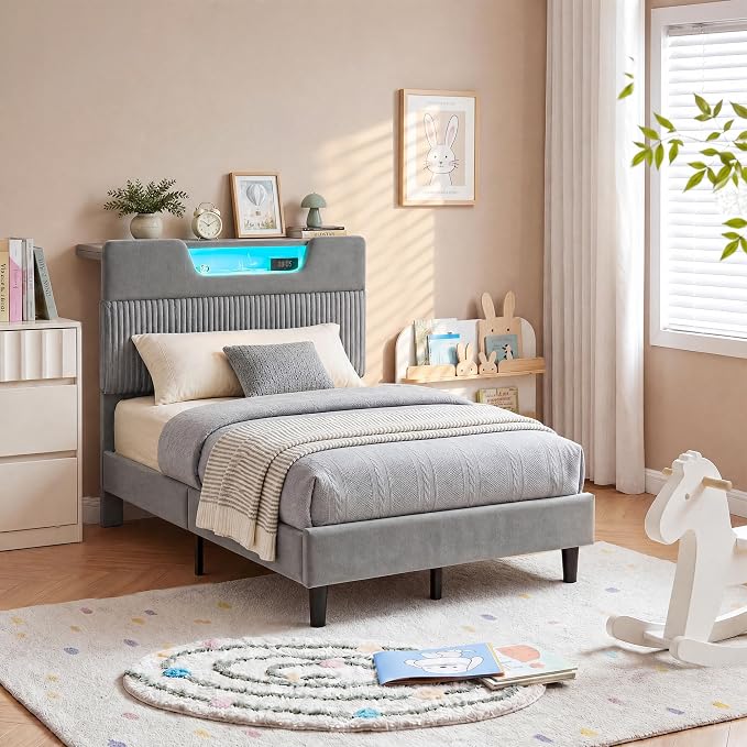 Homkdom Twin Bed Frame with Charging Station & Storage Headboard,Grey | 1USB-C & 2USB-A Charging, RGB LED Lights,7.78" Under-bed Storage,Velvet Upholstered Headboard,No Box Spring,Easy Assembly.