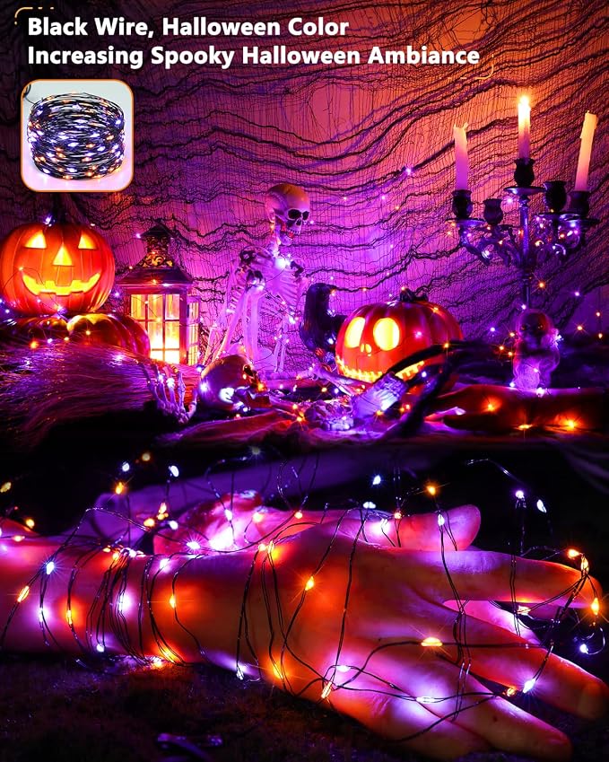 Brizled Outdoor Halloween Lights Orange Purple Solar Halloween Fairy Lights | 2 Pack Total 78FT 240 LED; Black Wire; 8 Modes; Waterproof Spooky Twinkle Lights for Yard Garden Spooky Party Decorations