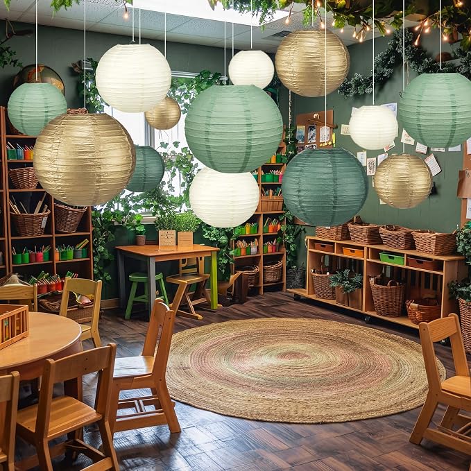 12 Pcs 10" Golg Greem Boho Paper Lanterns Party Classroom Decor