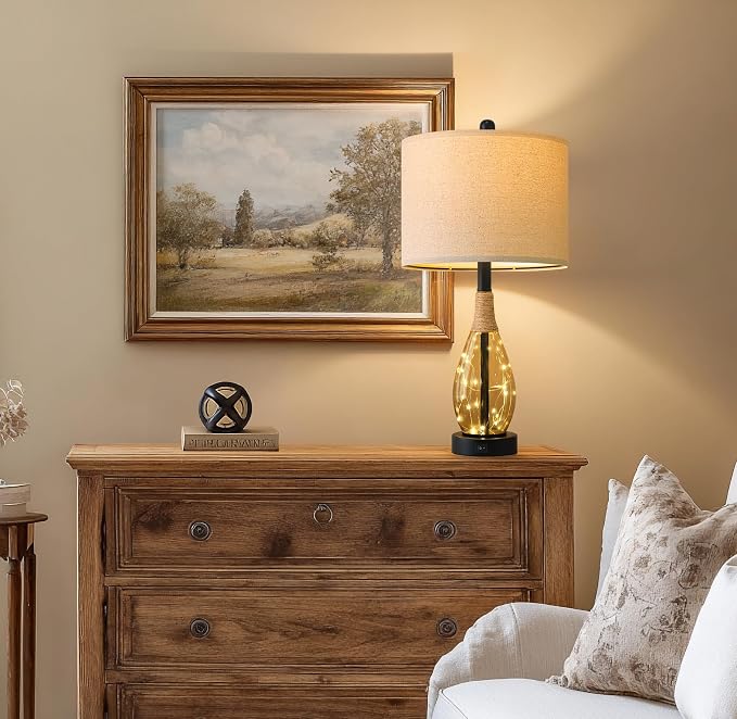23" Table Lamps for Living Room Set of 2 Bedside Lamps for Night Stands Bedroom Lamps Farmhouse Rattan Boho Lamp Glass Nightlight End Table Lamp,Two Light Points