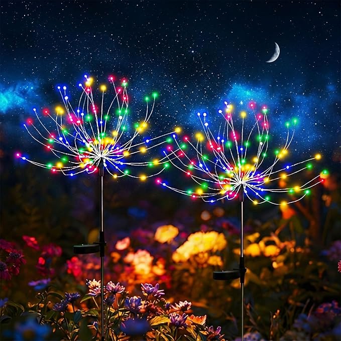 6-Pack Solar Firework Lights for Outside Waterproof Garden Fairy Lights | Adjustable 32"-51" tall, 200 LED stainless steel stake starburst lights with 8 modes for pathway patio decorations.