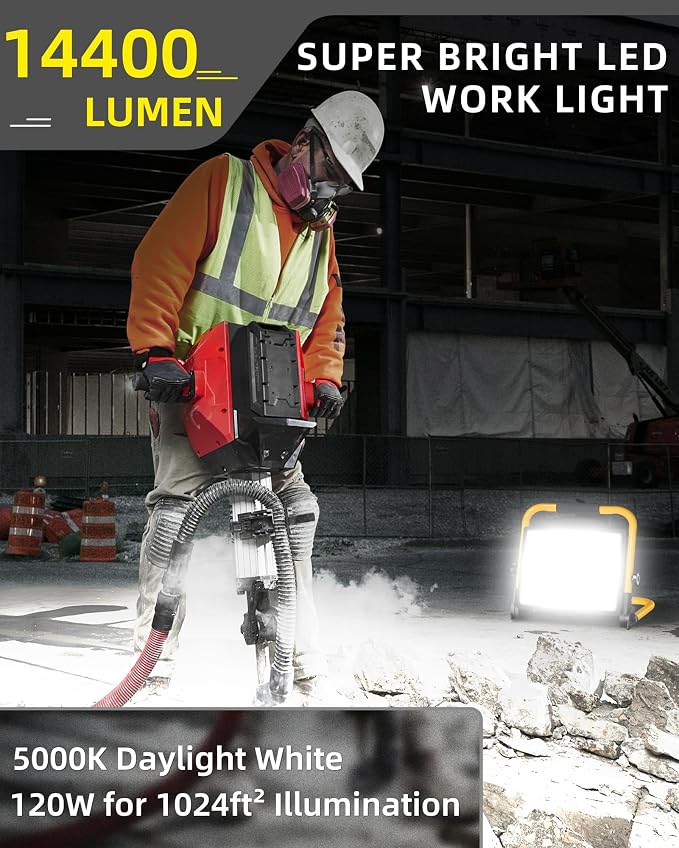 14400LM Work Light with 16FT Cord+Switch, IP66 for Garage Workshop, 2Pack | 120W LED Flood Light Plug in Outdoor, Portable Worklight with Stand, 5000K Daylight for Construction Job Site Car Repairing