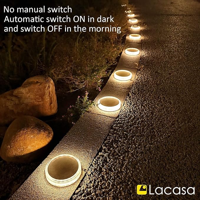 Lacasa Solar Deck Lights, Driveway Walkway Dock Light Solar Powered Outdoor Waterproof Stair Step Pathway Ground LED Lamp for Backyard Patio Garden, Auto On/Off - Warm White - 4 Pack