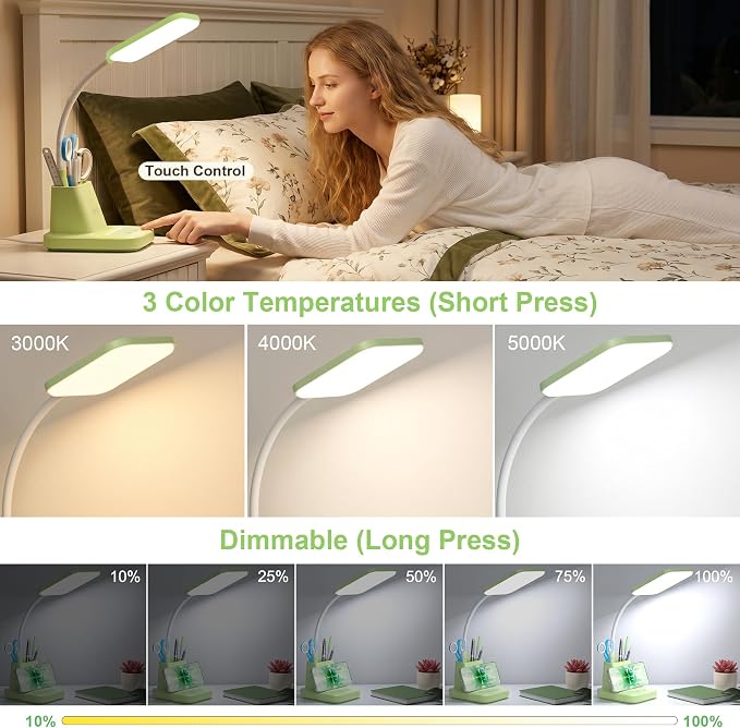 LED Desk Lamp with 10W Wireless Charging & Pen Holder, Light Green | CRI 95, 800LM, Stepless Dimming, 3 Modes, 360°Flexible Arm, Touch, Study Table Lamp for Home Office, Dorm Room, with Adapter