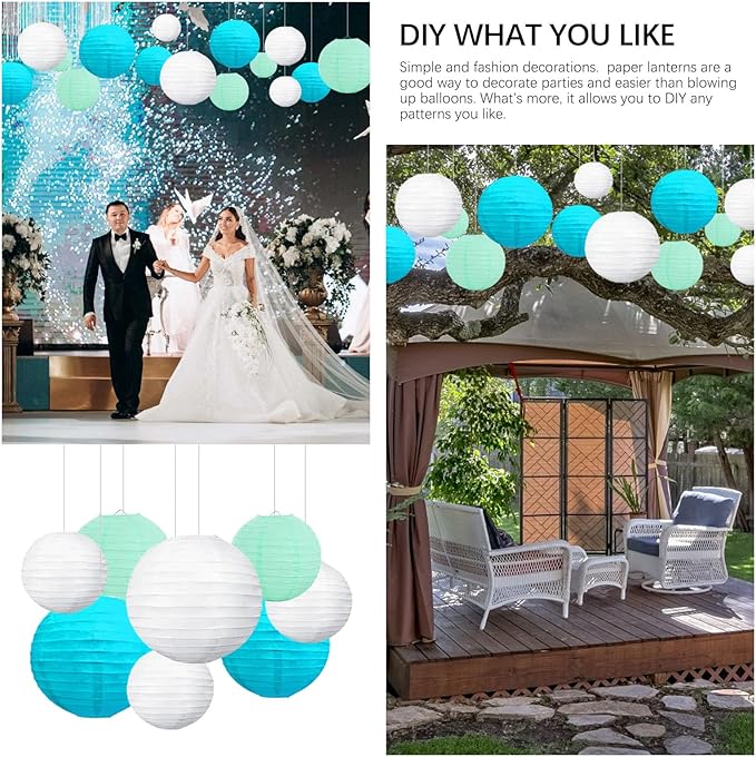 20Pcs Blue Light Blue White Paper Lanterns for Parties, 6” 8” 10” 12” Chinese Asian Hanging Round Paper Lanterns for Birthday Wedding Halloween Christmas Home Decor Party Decor