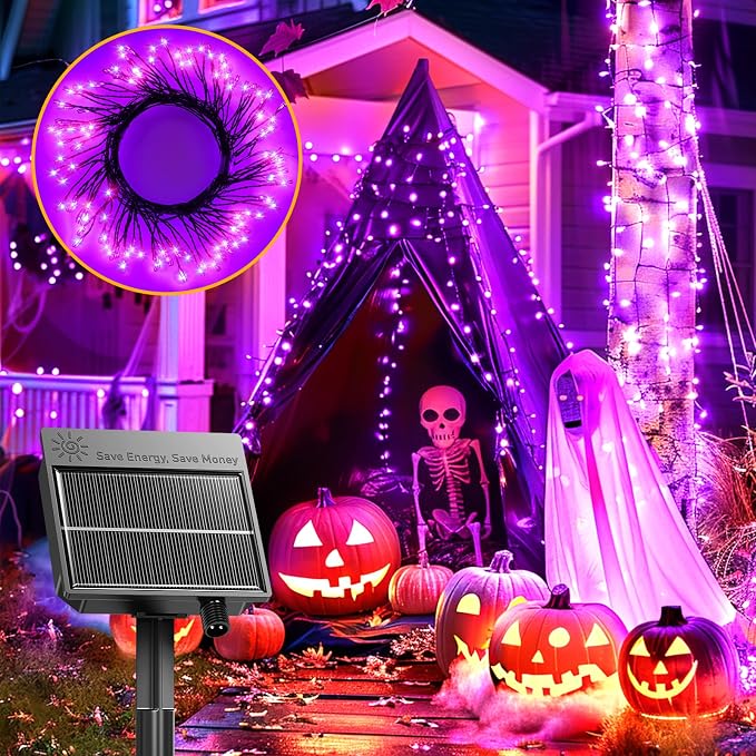 240 LED Solar Halloween Lights Outdoor Waterproof IP65, 20FT 8 Light Modes | Halloween Solar Lights Outdoor Solar Halloween String Lights Outdoor Twinkle Fairy Light Garland Decorations, Purple