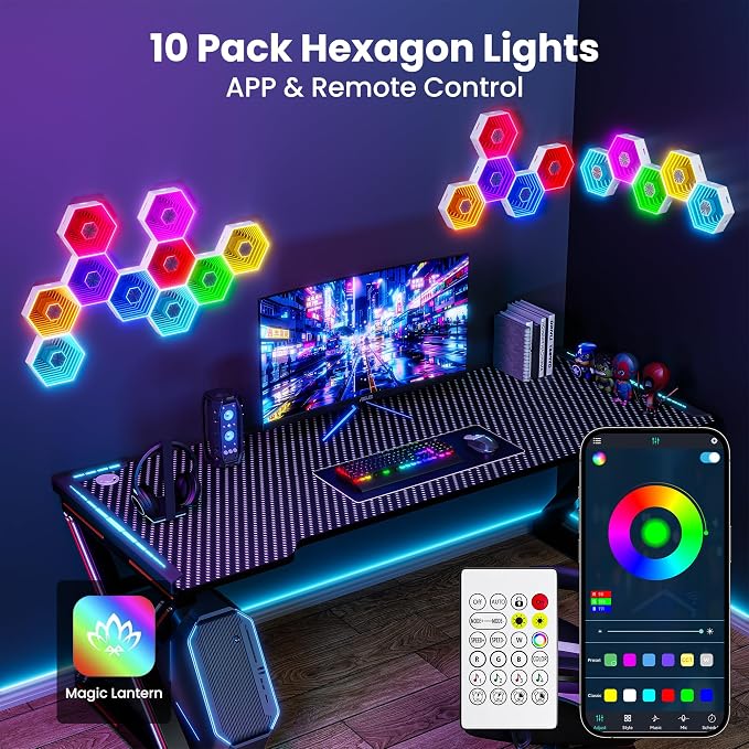 10 Pack Hexagon Led Lights, 90mm Smart Hexagon, Smart App RGB Gaming Led Light, with Remote Control & Music Sync Honeycomb Shape Hexagon Wall Lights for Bedroom, Living Room Wall