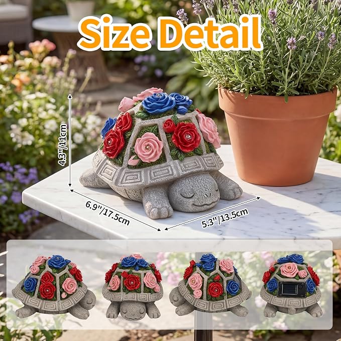 Solar Garden Decor Outdoor Turtle Statue with Multi-Color Rose Flowers & 7 LED Lights – Outside Tortoise Decoration for Lawn Yard Patio Backyard - Home House Art - Gift for Men Dad Women Mom