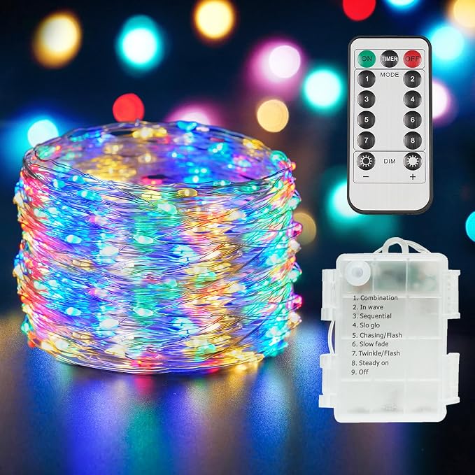33ft 100 LED Outdoor String Lights, Multi Color Fairy Lights Battery Operated with Remote, Led Twinkle Lights for Bedroom, Backyard, Wedding, Tree, Mason Jar, Wall, Centerpiece, Christmas