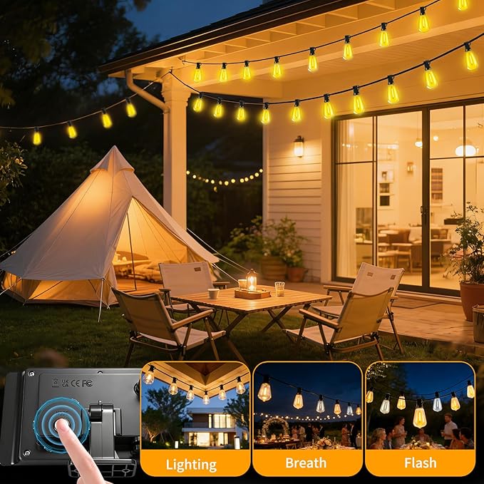 Solar Lights Outdoor Waterproof: ST38 50FT 15M Shatterproof Bulbs Patio Lights - Solar Powered & USB Charging- Remote Control 3 Light Modes Dimmable Solar Light - Camping Backyard Garden