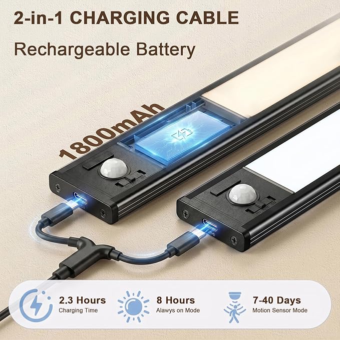 4Pack Under Cabinet Lighting Rechargeable -10" Ultra-Thin Black 3 Color Temps Super Bright, Motion Sensor, Long Lasting - Easy Installation Magnetic Under Closet Lights