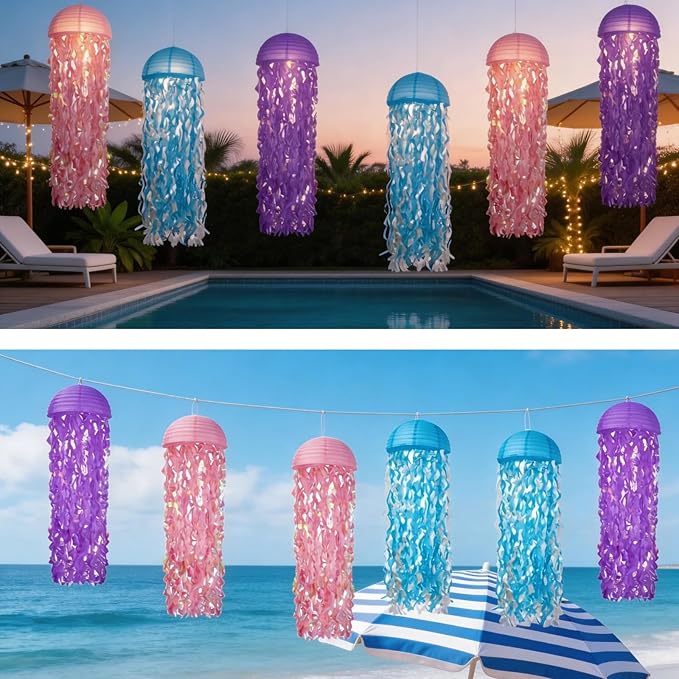 Jellyfish Paper Lanterns with LED Lights Set of 6, Purple/Pink/Blue Dome Hanging Floating Decorations for Under The Sea Party Mermaid Birthday Ocean Classroom Beach Room Aesthetic