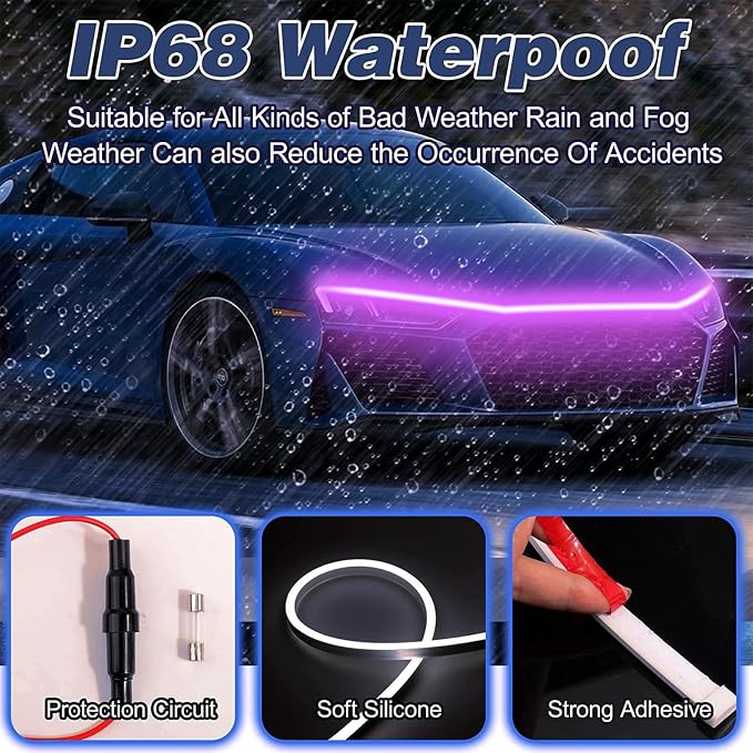 Car LED Hood Light Strip for Cars, SUVs, Trucks, Pink, 70 Inch | 12V, Universal, Flexible Waterproof Daytime Running Light, Dynamic Scan Start-up Effect, Super Bright Bonnet Lights