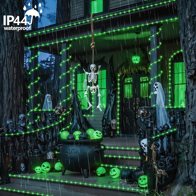 YEGUO Solar Halloween Lights, 2 Packs Each 33ft 100 LED String Lights Outdoor Waterproof, 8 Modes Fairy Lights in Clear Thin Tube for Camping Fence Patio Garden Trampoline Deck(Green)