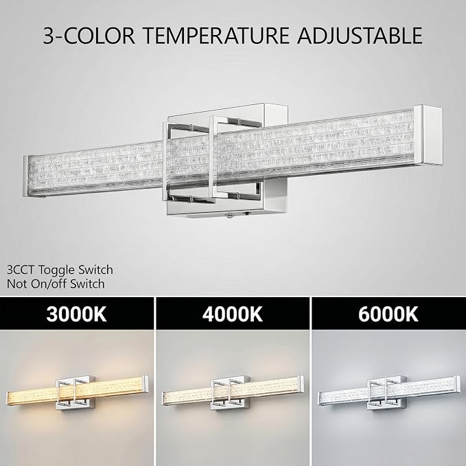 URSOLA 24" Modern LED Bathroom Light Fixtures, Chrome 3CCT Dimmable Bathroom Vanity Light Over Mirror, Bathroom Vanity Bath Bar Lights with Crystal Acrylic Shade