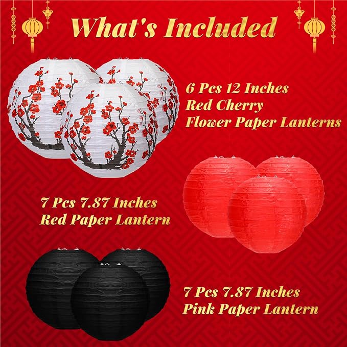 Mudder 20 Pack Japanese Sakura Paper Lanterns, Red Black White Hanging Lantern Decorations, Asian Zen Theme Party Decor for Hibachi Birthday Wedding Restaurant Home Decoration