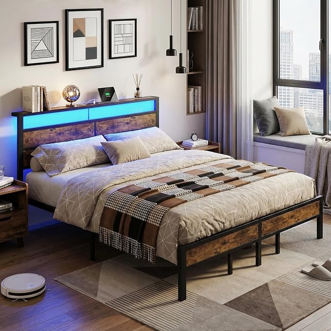 King Size Bed Frame with LED Lights and Charging Station | Brown Metal Platform Bed, Wood Headboard, Sturdy Slats, No Box Spring Needed, Noise Free, Easy Assembly