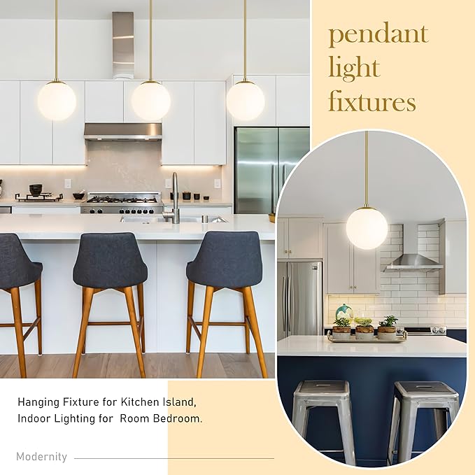8" Globe Pendant Light Gold 2 Pack Mid Century Pendant Light Globe Pendant Lights Kitchen Island Brushed Brass Finished with Milk Glass Adjustable Ceiling Light Fixtures for Dining Room Bar