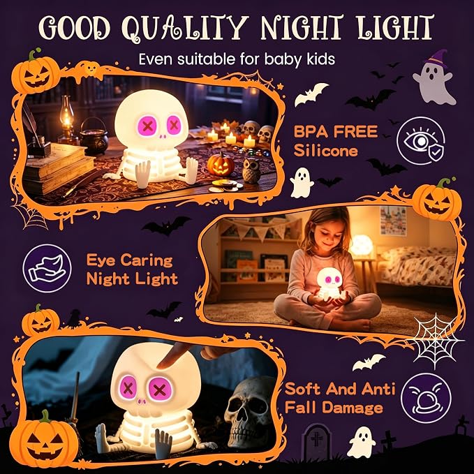 YR YRHH-PET Skeleton Lamp, Skull Halloween Decor Gift, Kids Night Light Toy | 8 Colors, Safe Silicone, Cool Cute Dimmable Indoor Decor, Squishy Lamp For Office Nursery College, Women Summerween Home Gift