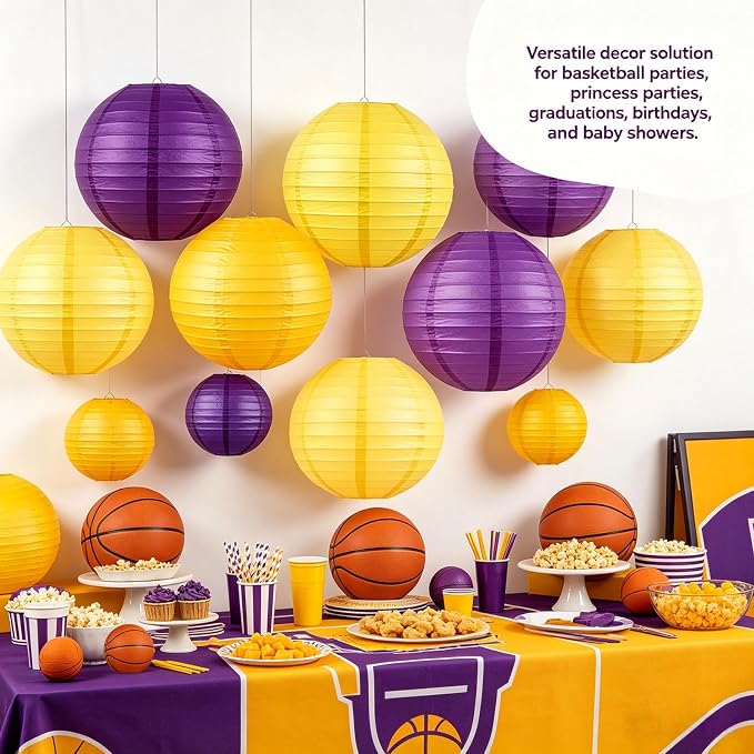 Purple Yellow Round Paper Lanterns Set of 12, 6/8/10 Inch Multi Colored Hanging Paper Lamp Decor for Basketball Party, Princess Gathering, Graduation, Birthday & Baby Shower Home Ornament