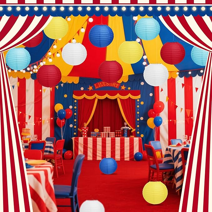 12 PCS Circus Theme Party Decorations, Red Yellow Blue Paper Lanterns, Summer Party Decorations for Beach Pool Hawaiian Carnival Circus Birthday Party Supplies
