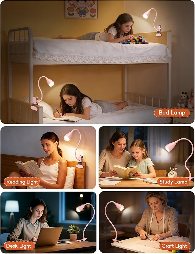 Reading Light for Book in Bed,Clip on Light Reading Lamp with Adapter Pink | 5 Color Modes 10 Brightness, Flexible Eye-Caring Clip on Desk Lamp Book Light for Reading in Bed Headboard Bedside Bedroom