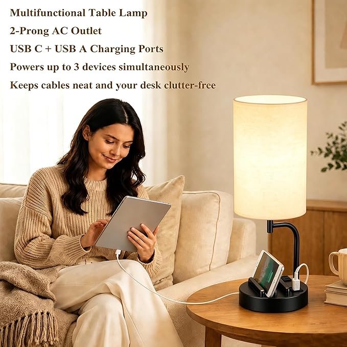 Dreamholder Touch Control USB Table Lamp with USB C/A & AC Outlet, 3-Way Dimmable Bedside Lamp, Modern Nightstand Lamps for Bedroom Living Room Guest Room Office, Bulb Included, Black