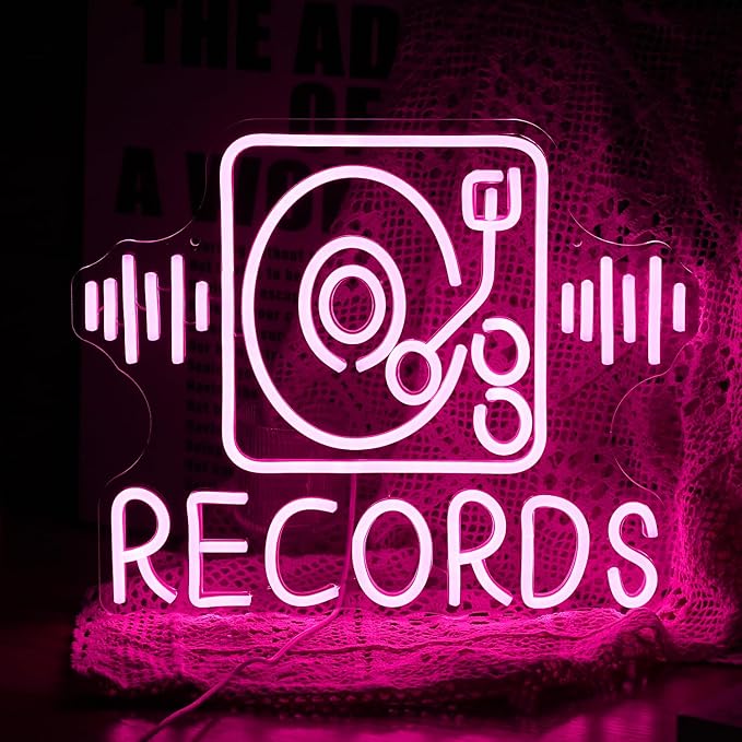 Records Neon Sign For Wall Decor Jukebox Music Light Up Sign Powered by USB Dimmable Pink Led Music Records Neon Light for Video Shop Karaoke Bar Party Bedroom Gifts(15.7"*12.2"）