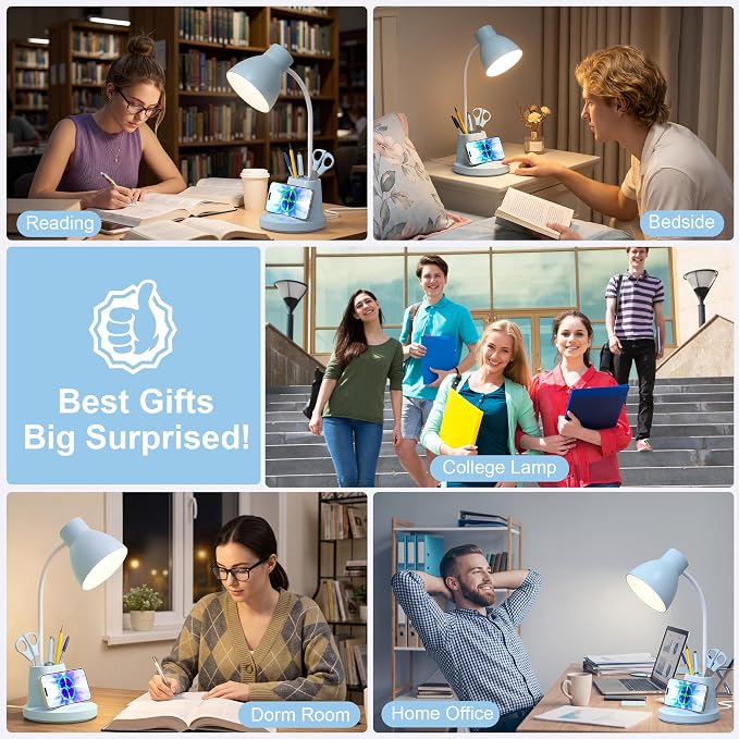 10W Wireless Charging LED Desk Lamp with Pen Holder, CRI 95, Blue | 800LM, 3 Modes, 360°Flexible Arm, Touch, Brightness, Table Lamp for Home Office, Dorm, Bedside, Study, Reading, with Adapter