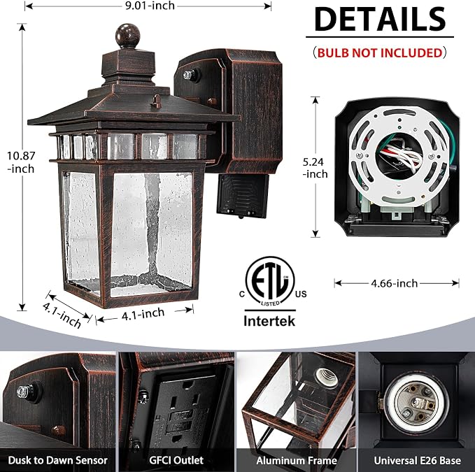 2 Pack Outdoor Light with GFCI Outlet,Antique Black and Bronze Gold Dusk to Dawn Porch Lights Outdoor Wall Light Fixture with Outlet,Aluminum Exterior Lighting Fixtures,Outside Lights for House