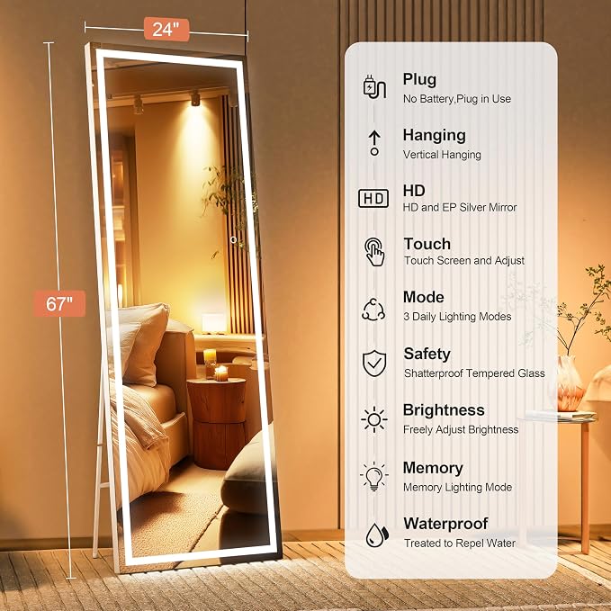 Full Length Mirror with Lights, 67" x 24" LED Lighted Floor Standing Body Mirror, Dimmable & 3 Color Lighting for Bedroom, Cloakroom, Dressing Room, Tempered Glass, White Frame