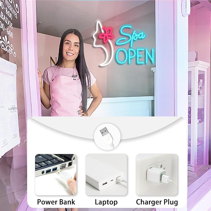 Spa Open Neon Sign for Wall Decor Adjustable Usb Powered Beauty Salon Led Light Sign 16.54’’*12.6’’ Open Neon Light for Salon Bar Hair Salon Make Up Lashes Nail Decoration