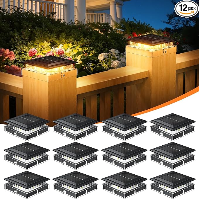 12 Pack 4x4 Solar Post Cap Lights Outdoor, Fence Post Solar Lights with Warm Light Mode, Waterproof Fence Deck Post Lights Solar Powered Fits 4x4 3.5x3.5 Vinyl Wooden Posts for Patio Porch