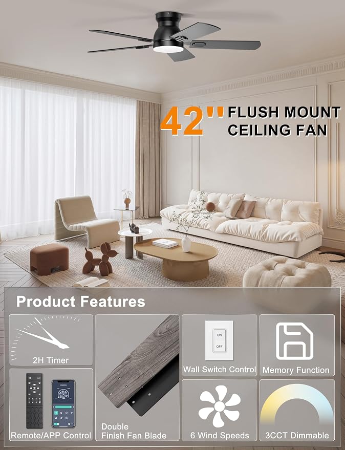 Ohniyou 42'' Low Profile Ceiling Fan with Lights, Remote/APP Control, Black | Flush Mount, Dimmable 3CCT LED, Quiet DC Motor; Memory Function, 4775 CFM, Small Ceiling Fan for Indoor Bedroom Kitchen