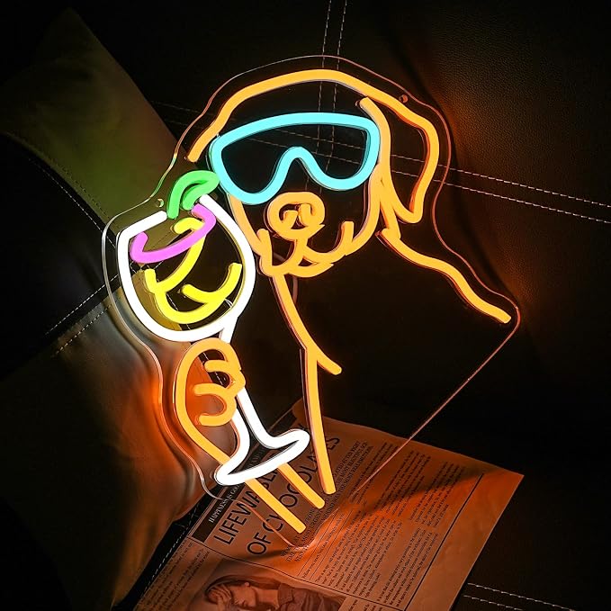 Dachshund Cocktail Neon Sign for Wall Decor Dog Drinking Cocktail Neon Light Bar Led Sign Pet Noen Light Sign for Bar Wine Cellar Dog Kennel Pet Store Decoration