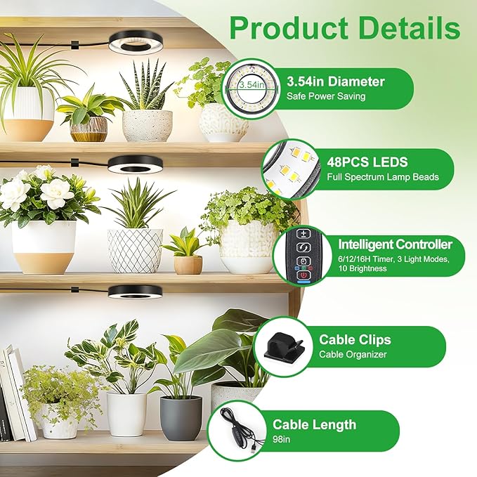 Full Spectrum Grow Light for Indoor Plants, Warm White 3 Head Black Angel Ring Ceiling and Under Cabinet Plant Lamp with 6/12/16H Timer, 10 Dimmable Levels and 3 Modes