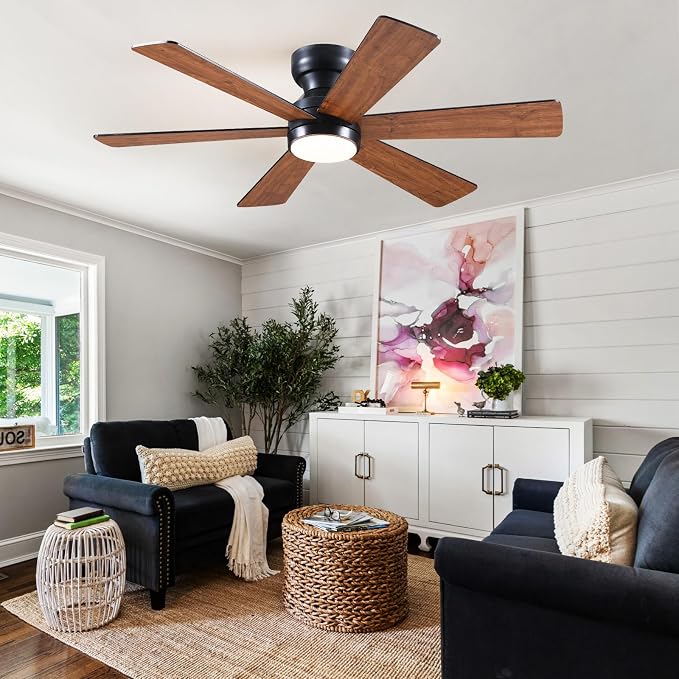 Asyko 46"Brown 6-Blade Modern Low Profile Ceiling Fan with Light and Remote | 6 Double-Sided Blades,6 Wind Speeds, Reversible,Dimmable 3 CCT LED Light, 25W Quiet DC Motor,1/2H Timer,for Bedroom Kitchen