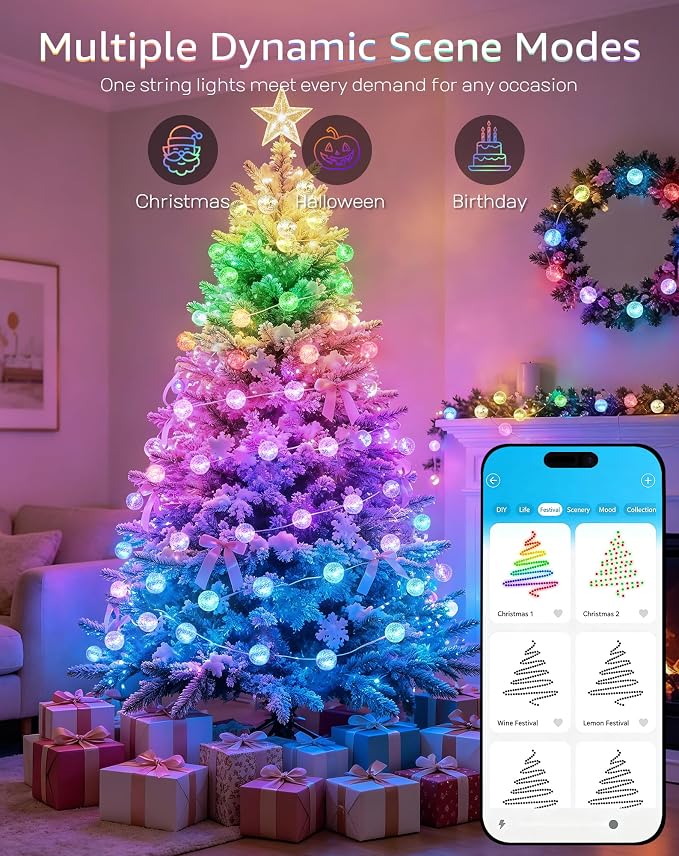 JMEXSUSS Smart 33FT 66 LED Globe Crystal Crackle String Lights USB/Plug in | RGB Color Changing Lights, App & Remote Control, Music Sync, Twinkle Fairy Lights for Classroom Dorm Bedroom DIY Gift Decor