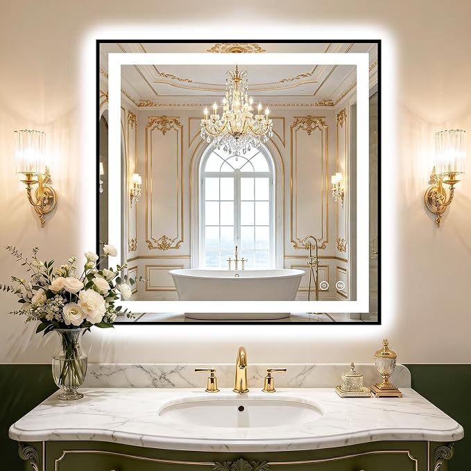 LED Bathroom Mirror with Light, 30x30 Vanity Mirror for Wall with Frame | Anti-Fog, Dimmable 3 Colors, Memory Function, Backlit and Front Lit, Shatter-Proof Glass, Plug-in/Hardwired