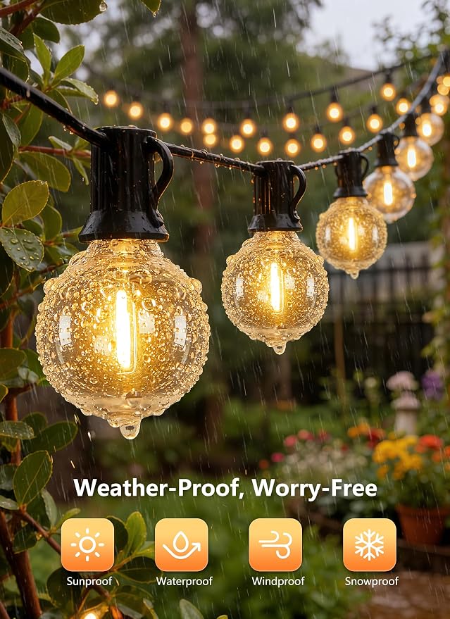 Brightown Outdoor String Lights, 100FT Shatterproof LED Patio Lights with 46 Dimmable Plastic G40 Bulbs, 2700K Waterproof Connectable Hanging String for Backyard, Cafe, Porch, Deck, Home Decor