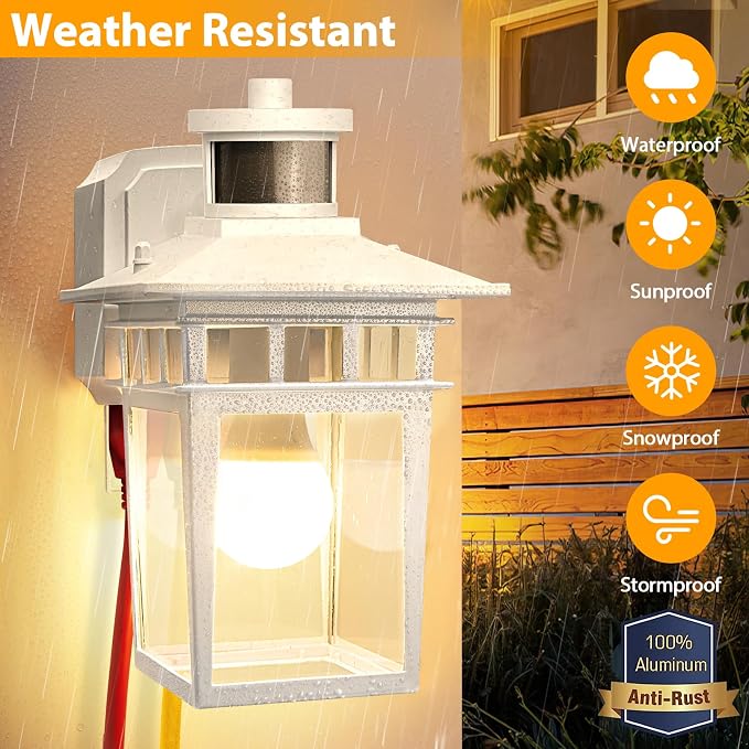 Porch Light with GFCI Outlet, White Dusk to Dawn Motion Sensor Outdoor Lights, 3-Mode Wall Exterior Lighting Fixture, Waterproof Outside Lights Sconce for House Front Door Patio Garage