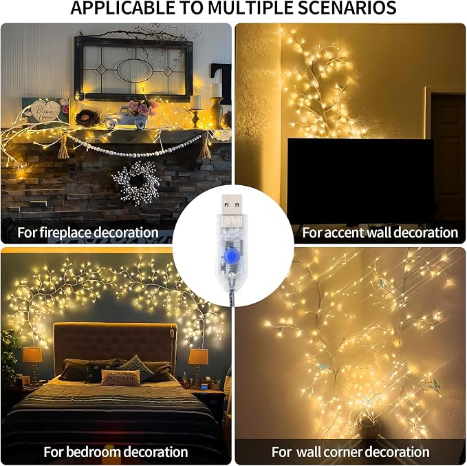 FNHMSL Enchanted Willow Vine Lights, 7.55FT 144LED 2 PCS White Tree Branch Lights for Wall, Remote Timer,8 Light Model,Bedroom Wall Doors Wedding, Christmas, USB Battery Box