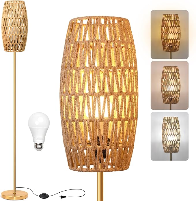 Ruiever Floor Lamp for Living Room,Farmhouse Floor lamp,Modern Standing lamp with Hand-Worked Rattan Shade (Drum Rattan Shade Body Gold Color-3 Color Bulb)