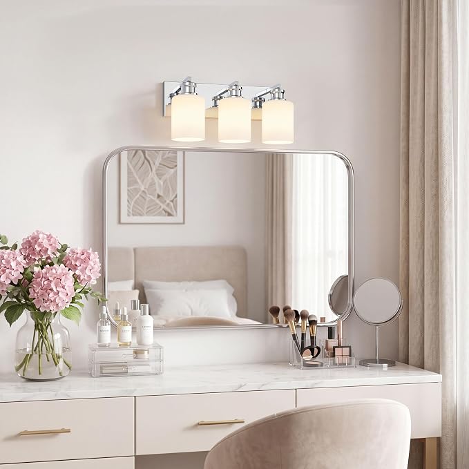 3-Light Chrome Bathroom Vanity Light Fixture, Vanity Lights for Bathroom | Modern Chrome Bathroom Vanity Light Fixture Over Mirror with White Glass Shade, Bathroom Wall Light Over Sink, 16.5 Inch