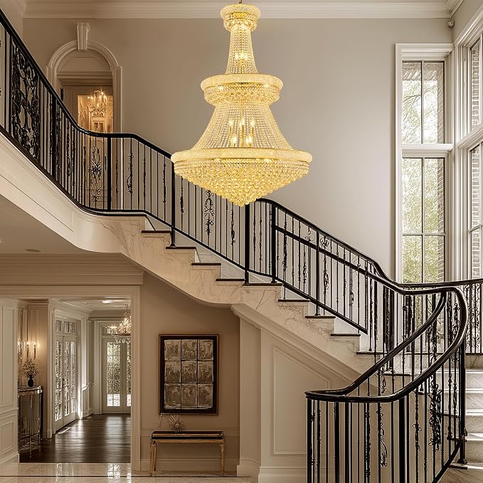 42'' W Luxury 3-Tier Empire Crystal Chandelier, 36 LED Bulbs, 480 Hand-Strung K9 Crystals (4 Spares), 79-Inch Adjustable Chain, Ideal for Foyer, Staircase, Double-Height Living Room (Gold)