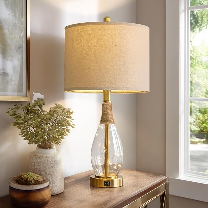 23" Table Lamps for Living Room Set of 2 Bedside Lamps for Night Stands Bedroom Lamps Farmhouse Rattan Boho Lamp Glass Nightlight End Table Lamp with USB C+A (Gold),Two Light Points