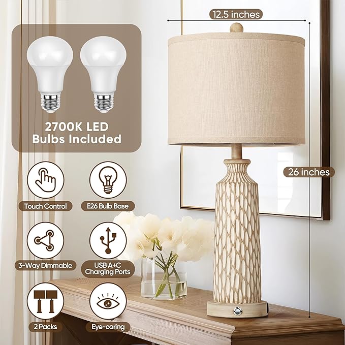 QiMH 26" Lamps for Bedroom, Farmhouse Table Lamp Set of 2, Off-White | USB A+C Charging Ports, Touch Control 3-Way Dimmable, Modern Resin Bedside Lamps for Living Room, 2700K LED Bulbs Included