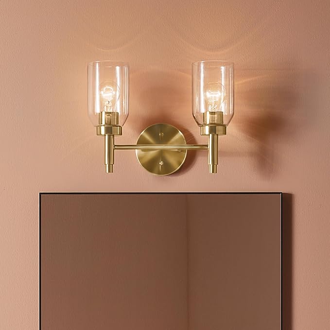 Kichler Madden 2-Light Bathroom Vanity Light, Champagne Bronze | Modern vanity light with clear glass for single or double bathroom mirrors (14.25" x 10.5"), 55184CPZ