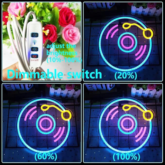 Record Neon Sign Dimmable Music Neon Light for Wall Decor - Player Live Music Art Sign for Bedroom, Bar, Birthday, Christmas, Hotel, Recording Studio - 12in